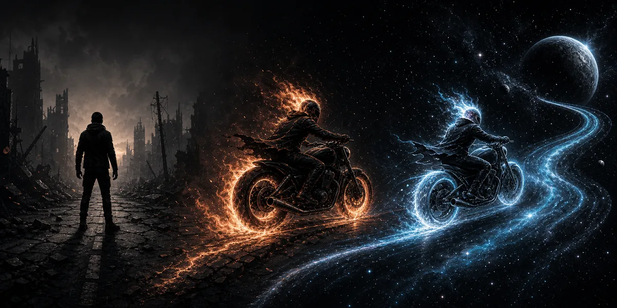 Editorial space-road timeline moving from a human vigilante silhouette to a flaming rider and a cosmic traveler