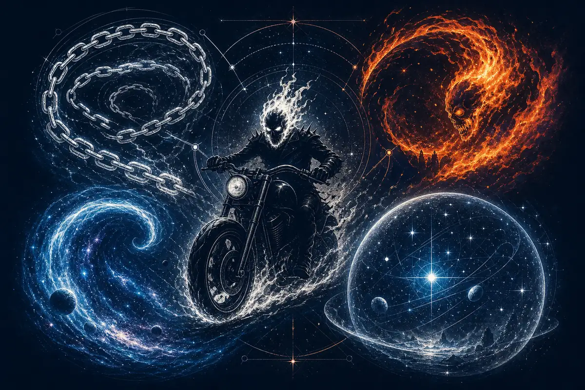 Editorial concept showing a flaming chain, cosmic energy arc, armored rider silhouette, and motorcycle trail in space