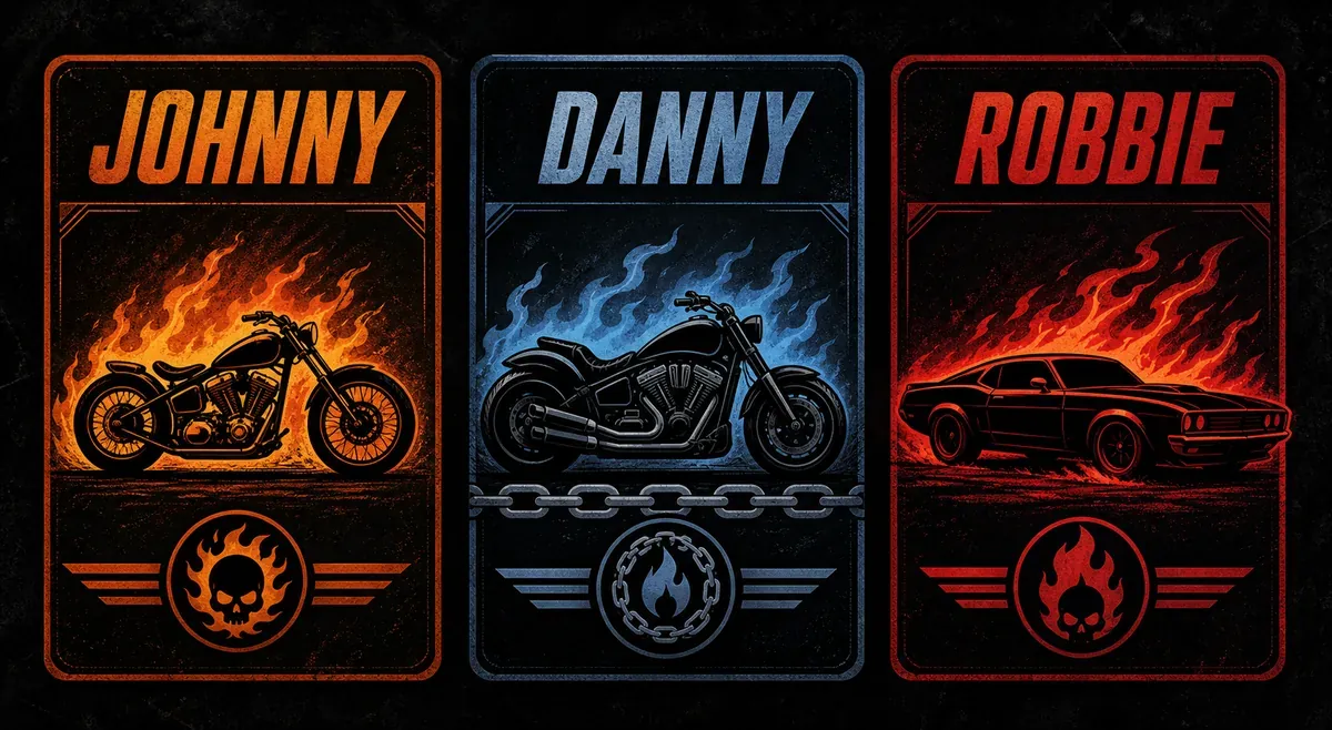Comparison graphic of Johnny Blaze Danny Ketch and Robbie Reyes using symbolic vehicle cards