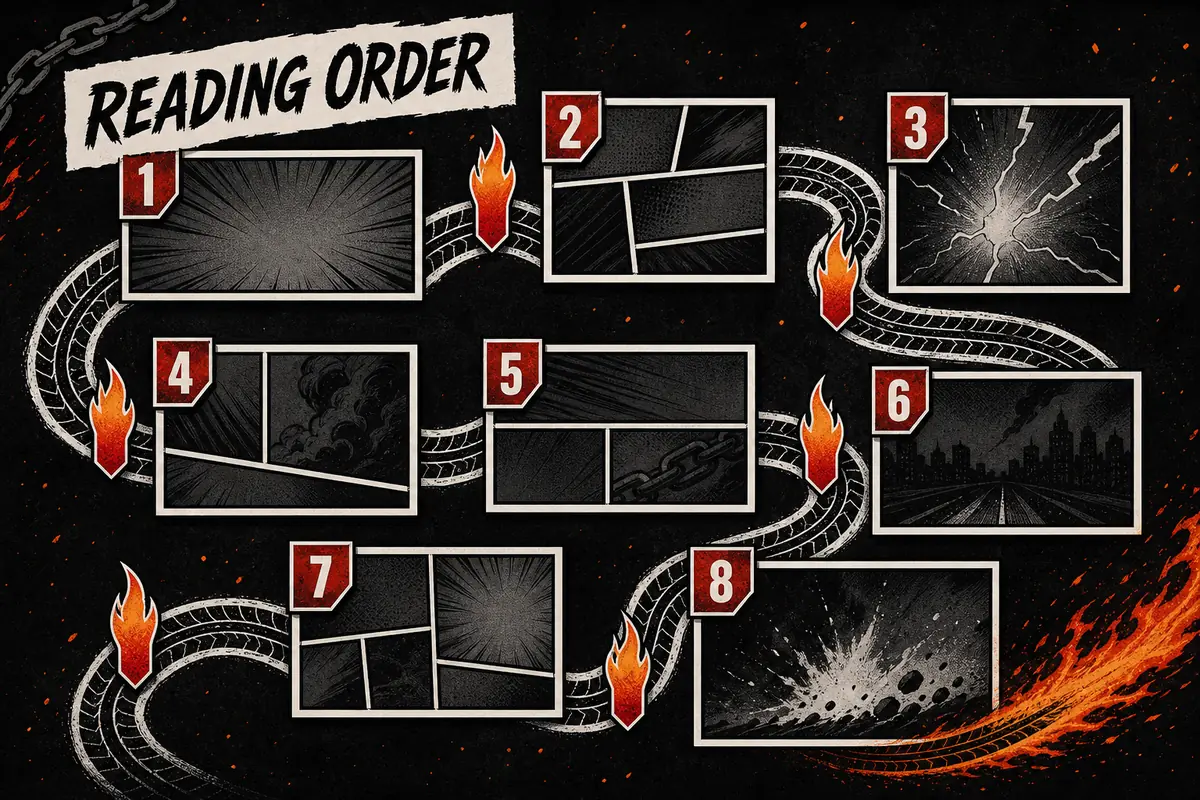 Editorial Ghost Rider comics reading order path with panels and numbered tabs