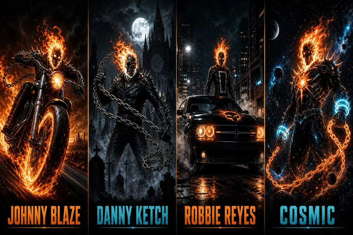 Editorial comparison visual of Johnny Blaze, Danny Ketch, Robbie Reyes, and Cosmic Ghost Rider