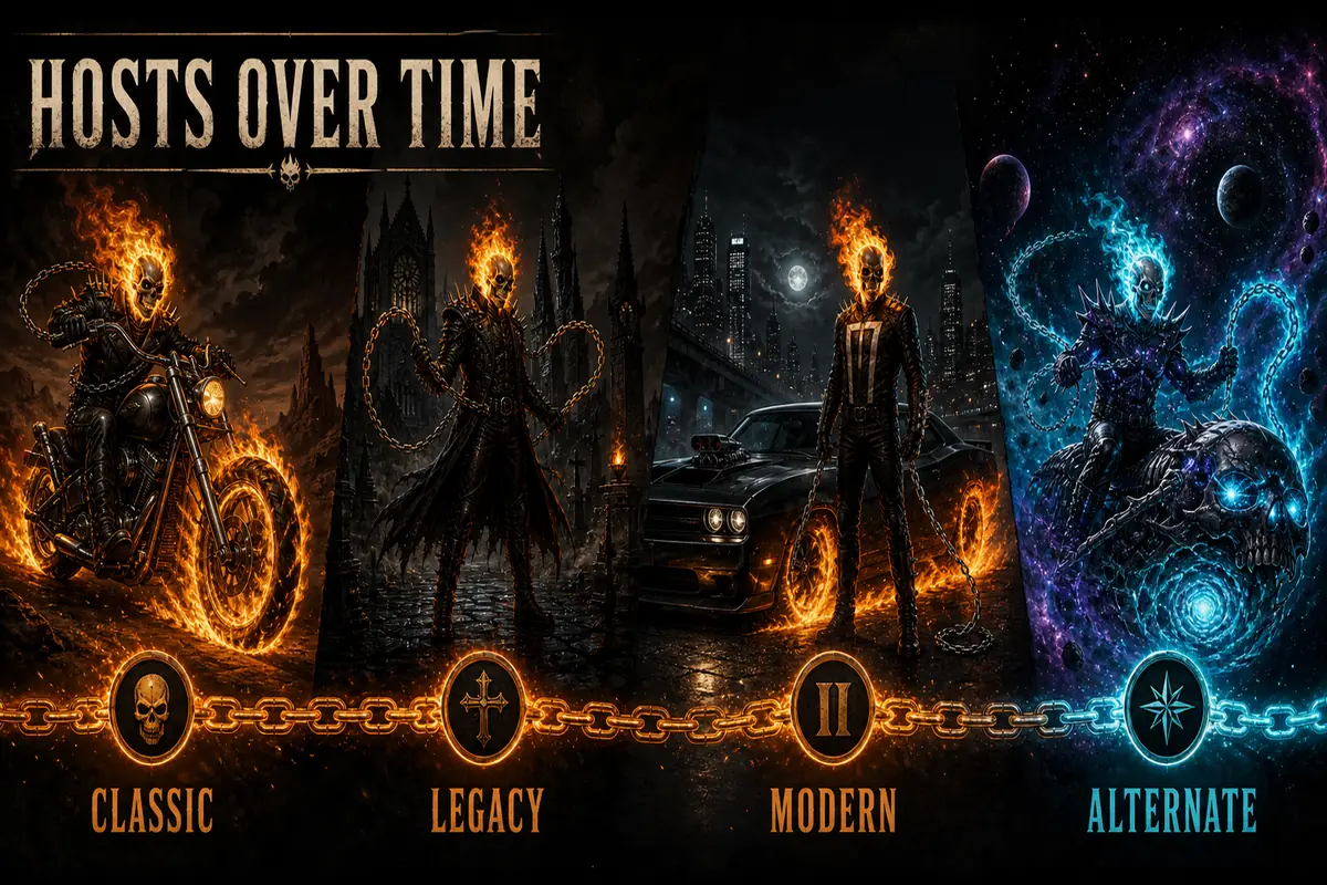 Editorial timeline showing classic, legacy, modern, and alternate Ghost Rider host branches