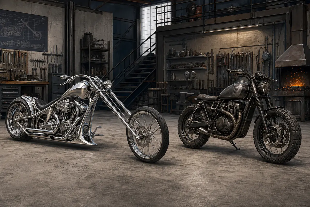 Editorial comparison of a stretched chrome chopper and a compact rugged motorcycle in a workshop
