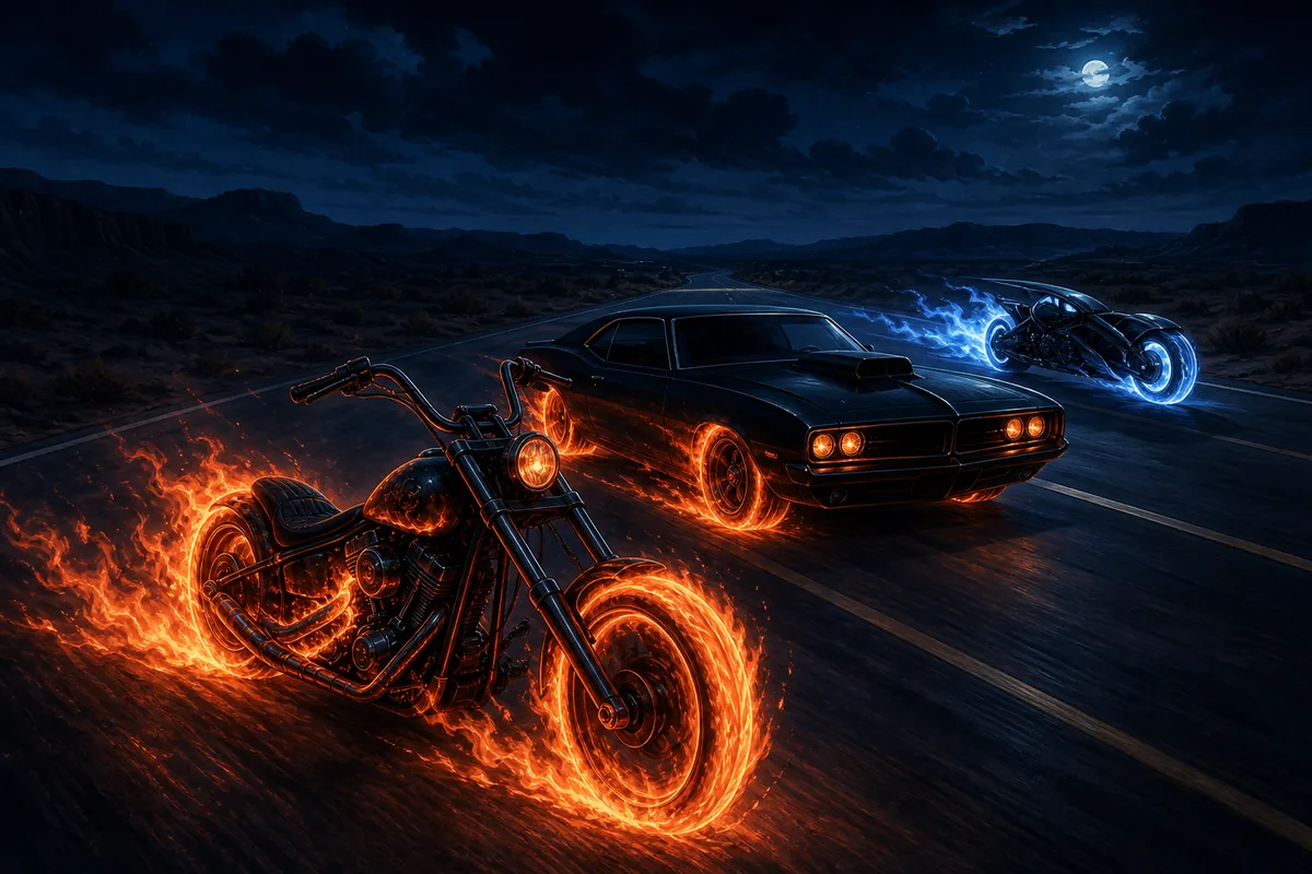 Concept illustration of a flaming chopper, ember-lit muscle car, and cosmic motorcycle on a night road