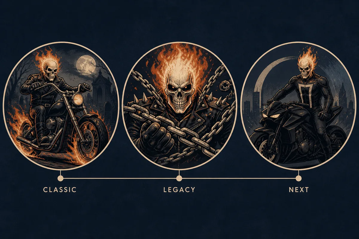 Editorial comparison path showing classic, legacy, and next-step Ghost Rider reading branches