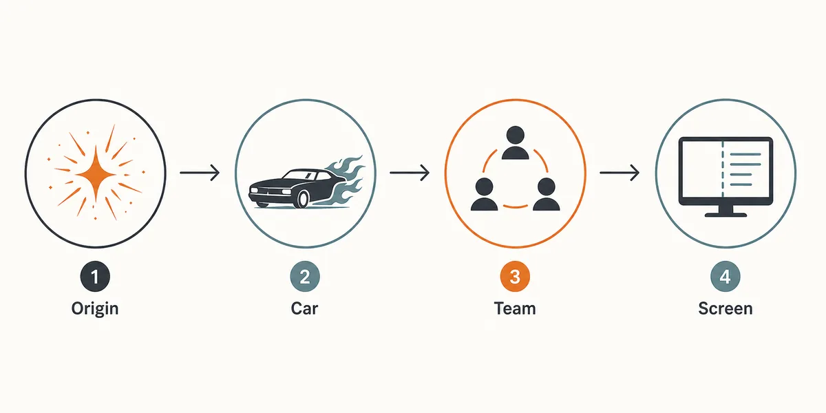 Original editorial timeline for Robbie Reyes Ghost Rider origin car team and screen paths