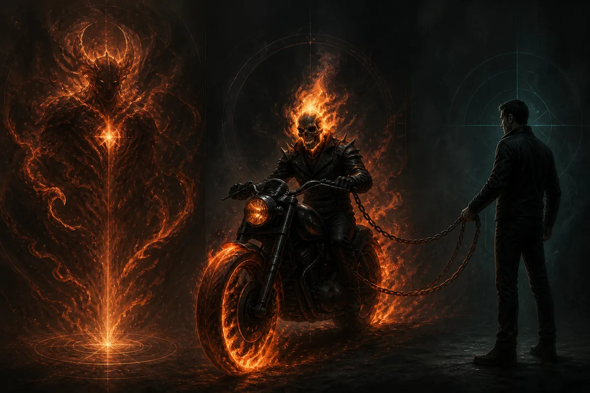 Editorial comparison of Zarathos spiritual energy, Ghost Rider hellfire, and the human host's control