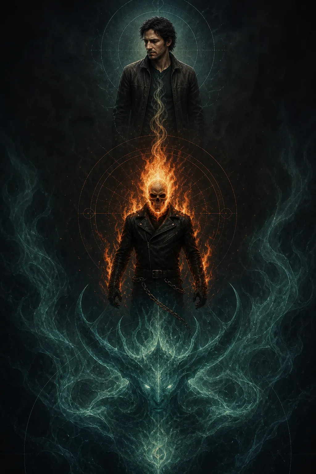 Editorial diagram-style illustration separating a human Ghost Rider host, the transformed rider, and Zarathos